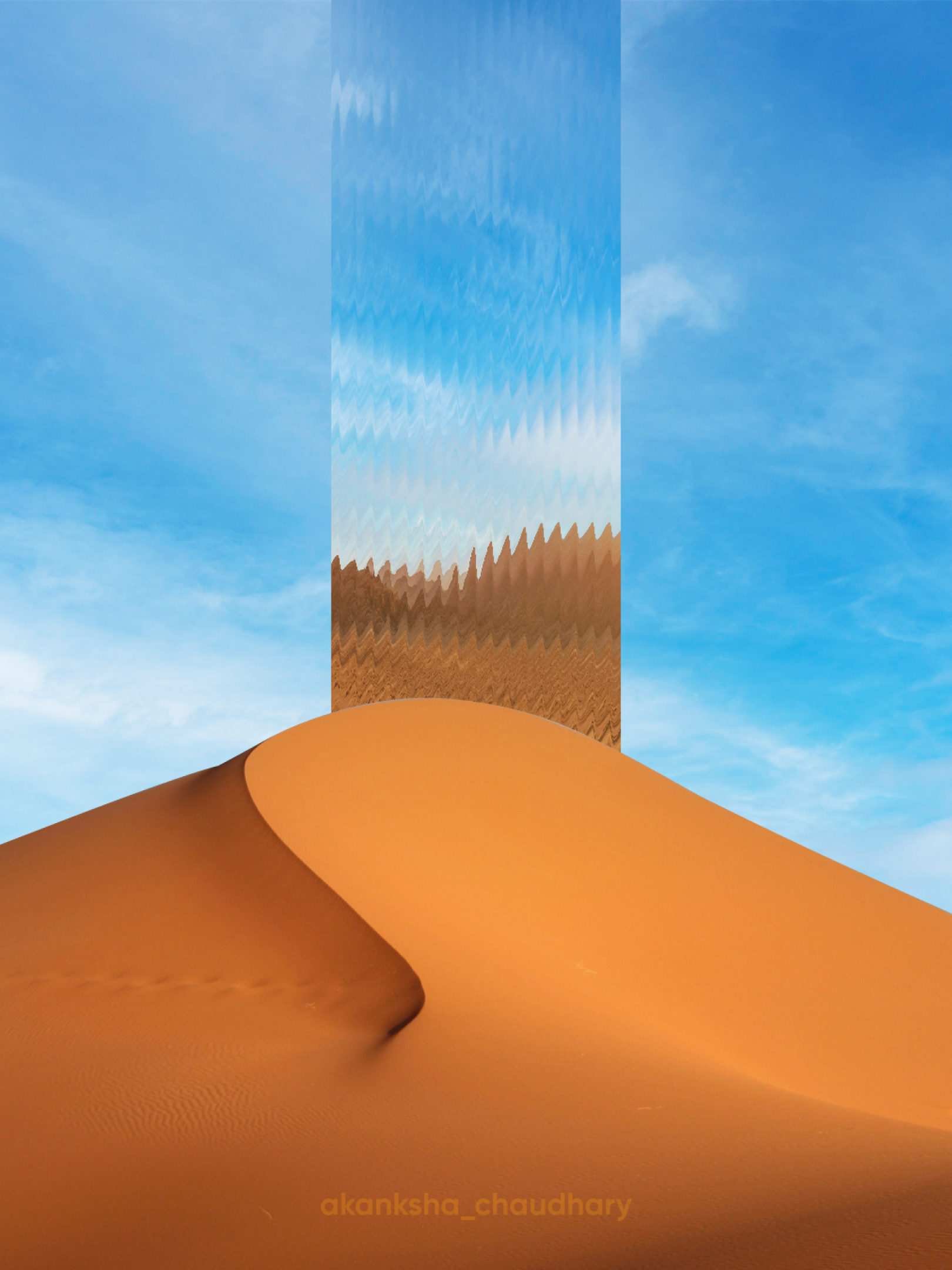 Surreal orange sand dune with a glitched rectangular portal in a blue sky