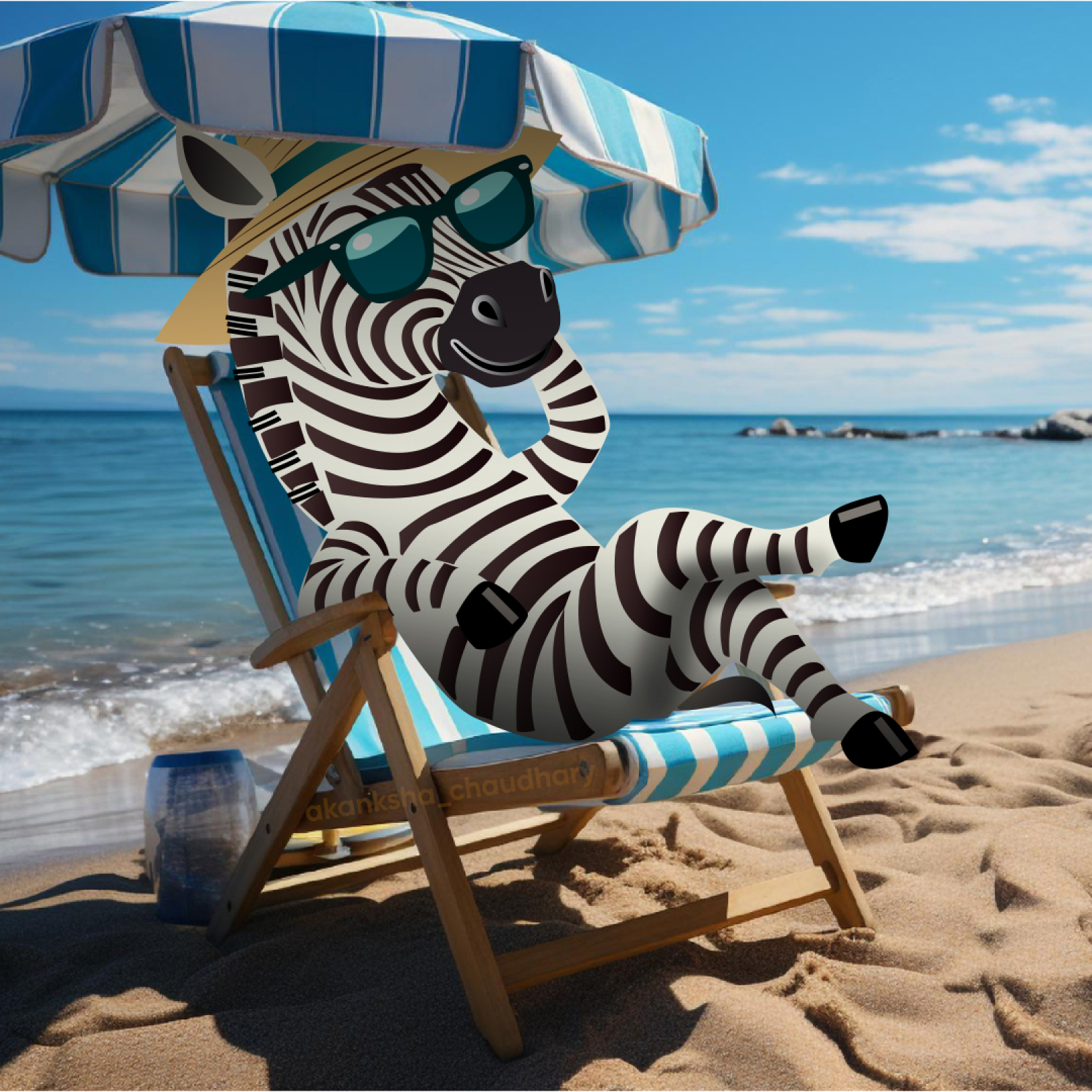 Cartoon zebra with barcode stripes lounging on a beach under a striped umbrella