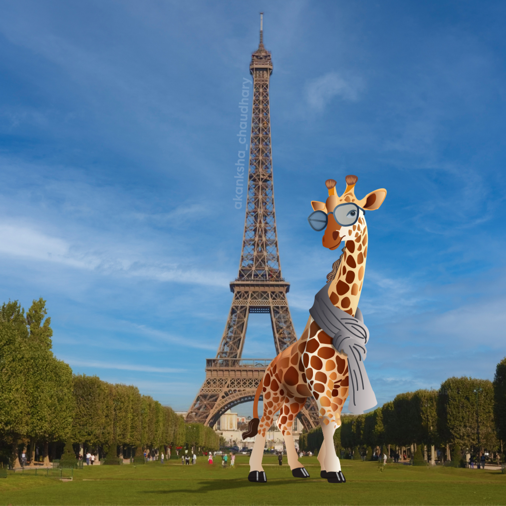 Cartoon giraffe in glasses and a scarf standing before the Eiffel Tower