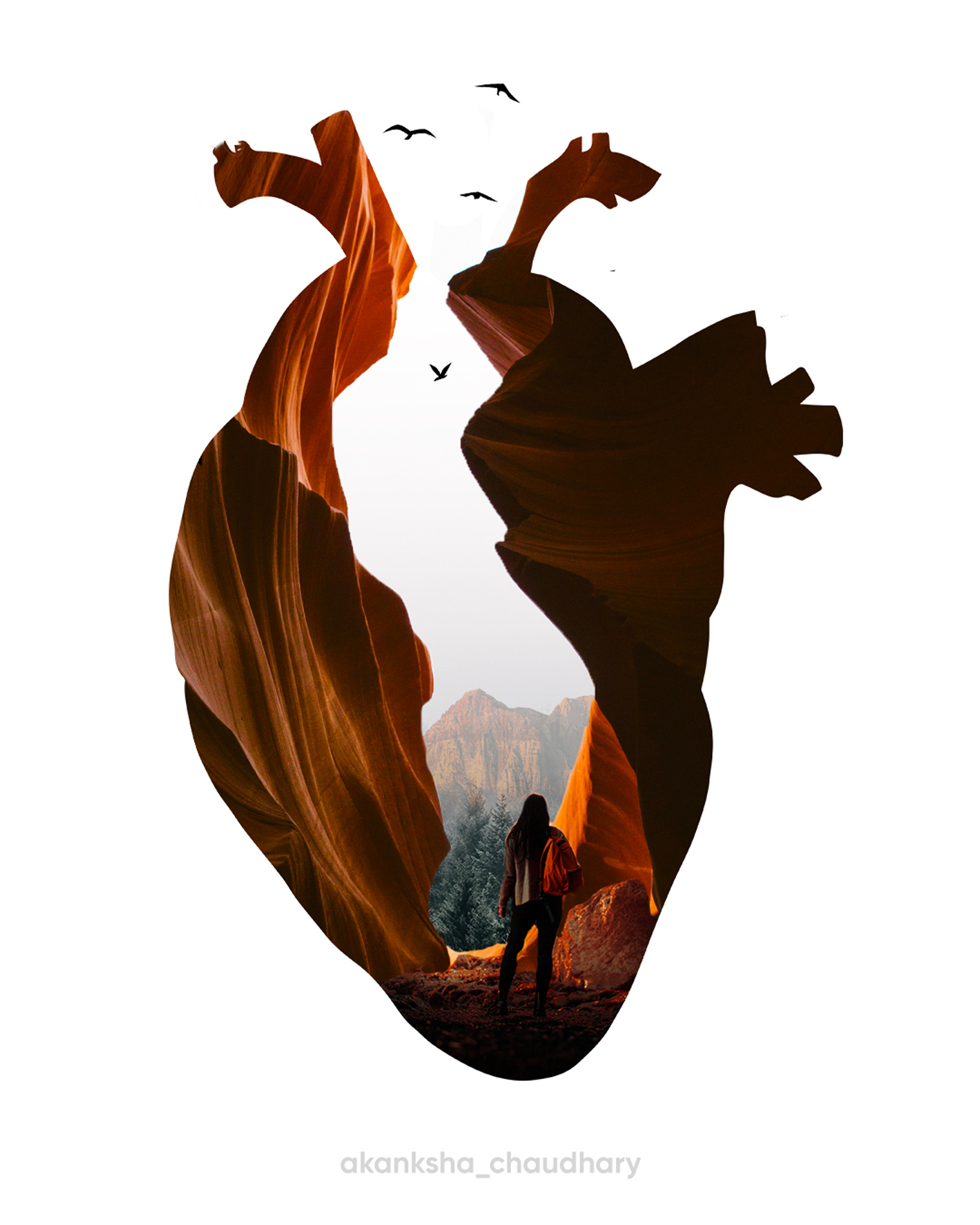 Anatomical heart silhouette filled with a slot-canyon landscape and a hiker