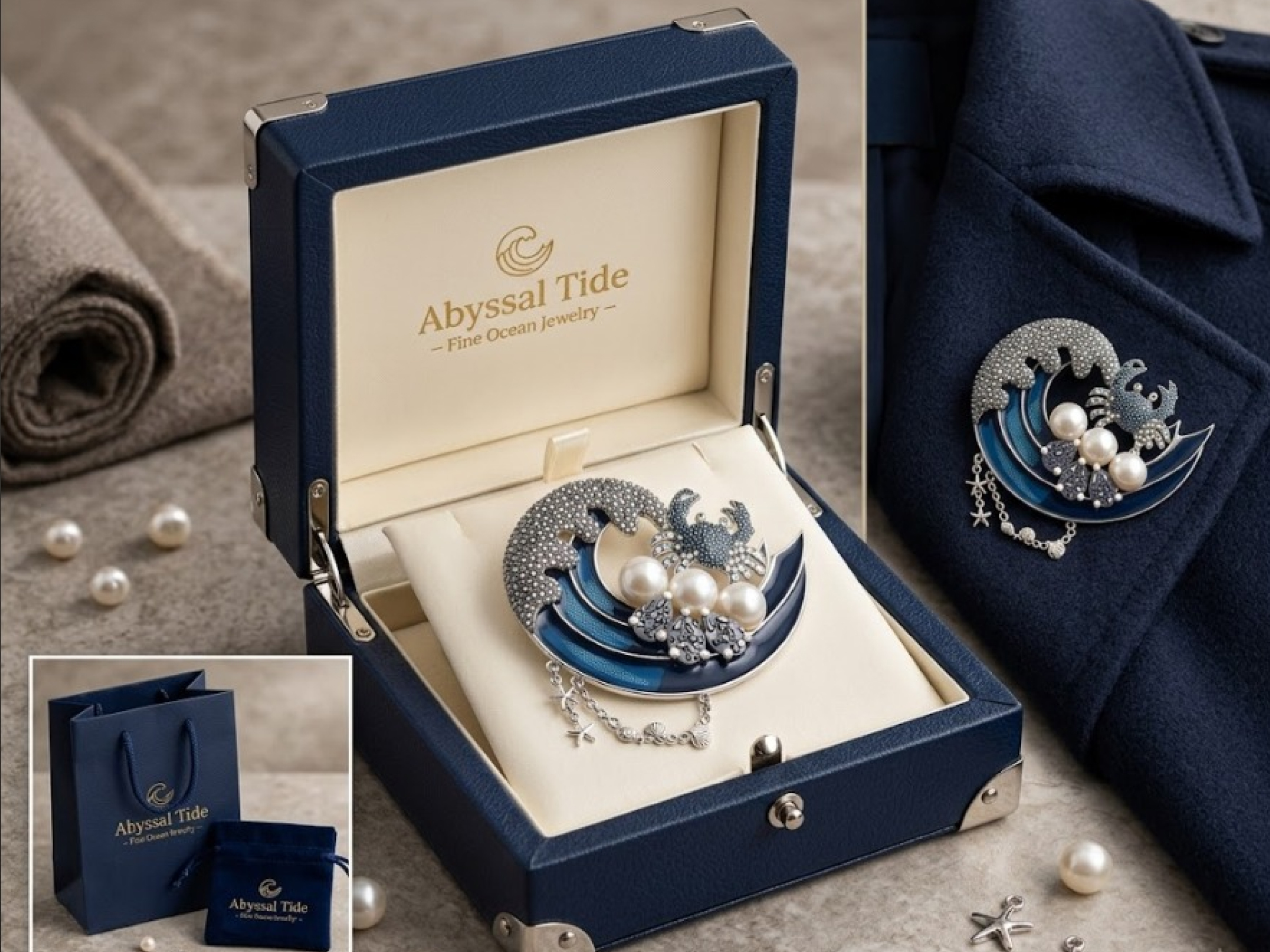 Abyssal Tide ocean-wave brooch with pearls and enamel, shown in navy packaging and pinned to a coat