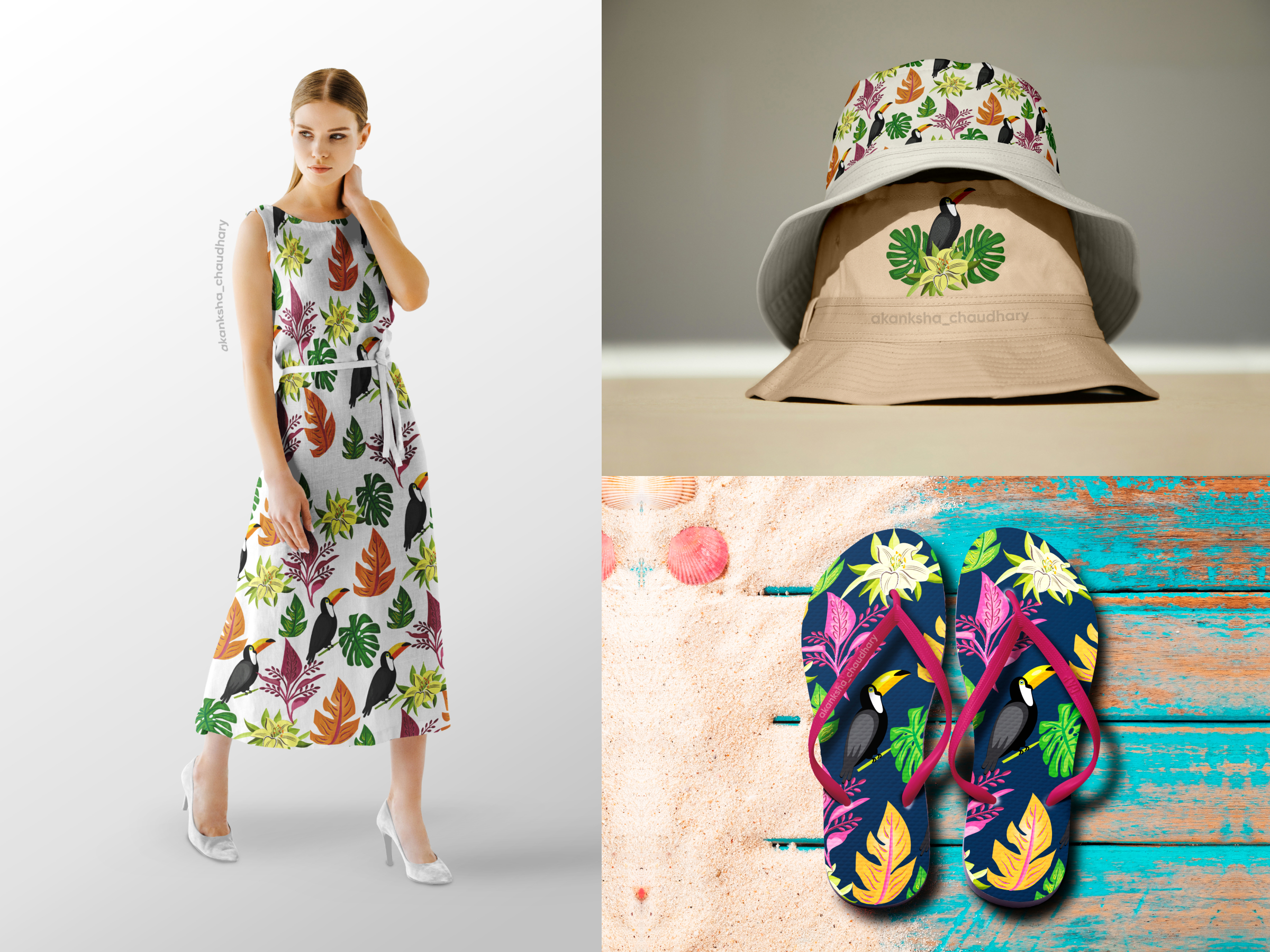 Tropical toucan print dress, bucket hats, and flip-flops from a summer merchandising collection